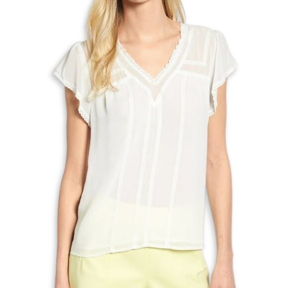 1.STATE Blouse Flutter Sleeves V-Neck Sheer Breathable Lace Trim White W S NWOT - Picture 1 of 9